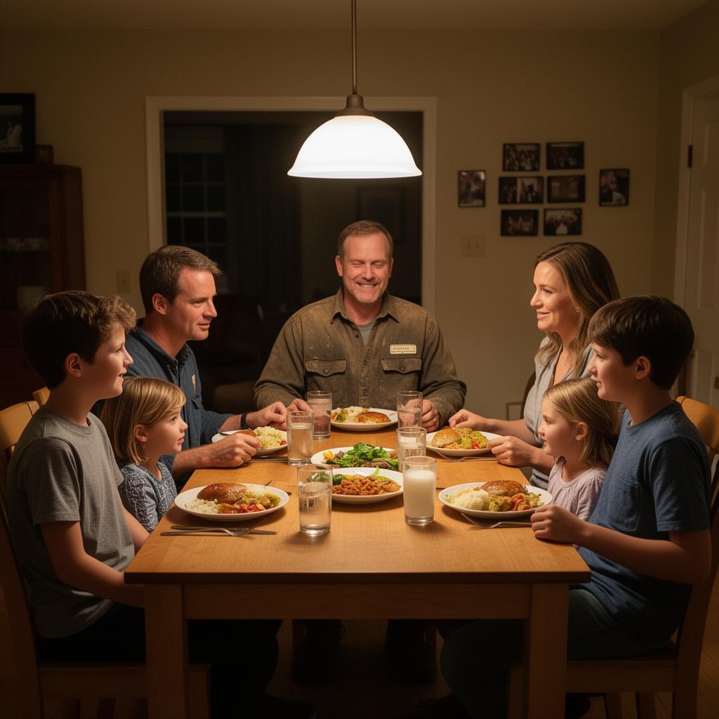 Working-class family sharing a contented home-cooked dinner around the dining table